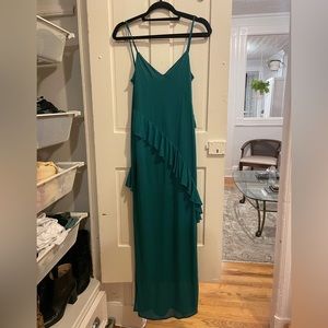 Teal blue ruffle maxi dress with a low back